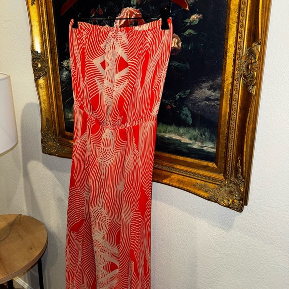 Leifsdottir Anthropologie Orange Optic Graphic Print Pleated Strapless Dress 6 - Picture 3 of 9